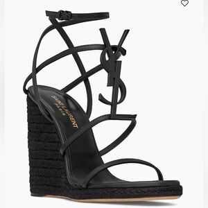 Great Condition Cassandra Wedge Espadrilles In Leather W/ Black Monogram Sz 7.5